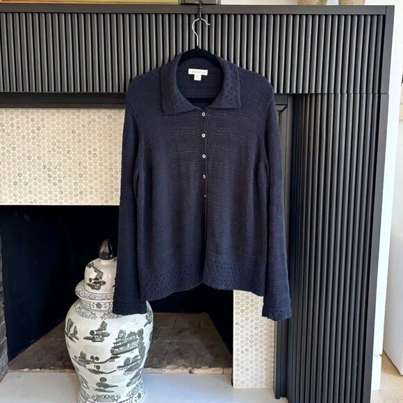 Coldwater Creek Sweaters - Coldwater Creek Pointelle Open Knit Button Front Cardigan Sweater Navy Blue XL
